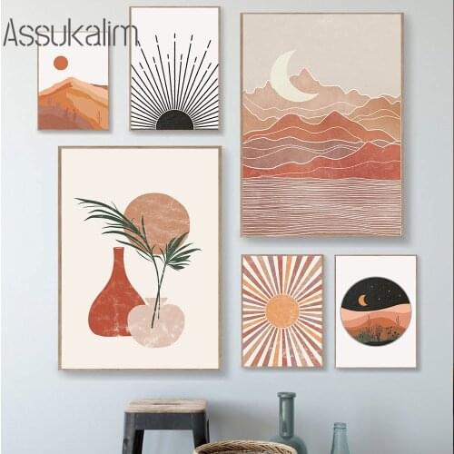 Abstract Scenery Canvas Posters Sun Moon Art Poster Line Drawing Plant Leaves Prints Boho Wall Pictures Living Room Home Decor