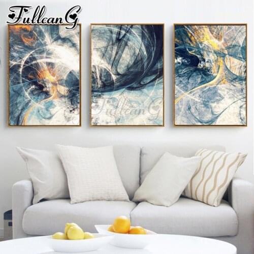 FULLCANG 5d diy diamond embroidery sale blue abstract lines diamond painting triptych full square round drill decor FC3297
