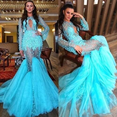 Turquoise Blue 2020 Mermaid Prom Dresses Sexy Long Sleeves Evening Gowns Tulle Sweep Train Appliques Party Dress Vestido