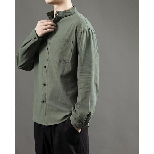 HCXY brand long-sleeved mens shirt stand-up collar Korean version linen and cotton shirt men large size solid color shirts male