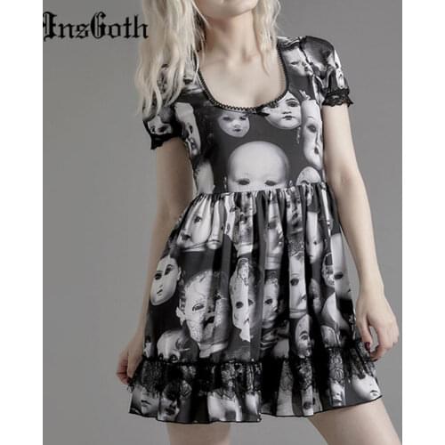 InsGoth Grunge Face Print Black Dress Goth Lolita High Waist Lace Mini Dress Streetwear Sexy Short Sleeve Cosplay Party Dress