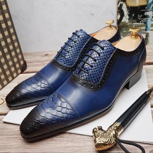 Classic Men Oxford Shoes Snake Skin Prints Formal Men Dress Leather Shoes Wedding Office Cap Toe Lace Up Pointed Toe Shoes Men
