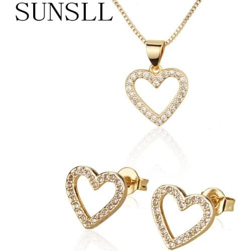 SUNSLL Fashion gold heart jewelry set white cubic zircon copper necklace earrings for women wedding party jewelry pendant gifts