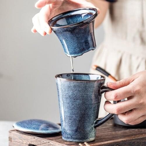 European-style creative ceramic tea leaking cup with lid home retro blue tea water separation cup creative mark cup tea cup