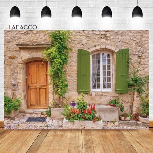 Laeacco Stone House Photo Backdrop Green Grass Flowers Photography Background Door Window Family Portrait Photophone Photocall
