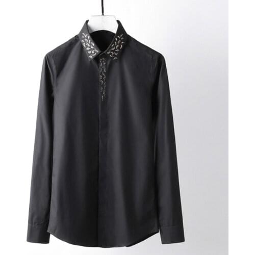 Minglu Inlay Diamonds Collar Men Shirt Hight Quality White Black Long Sleeve Men Dress Shirt Fashion Party Wedding Man Shirts