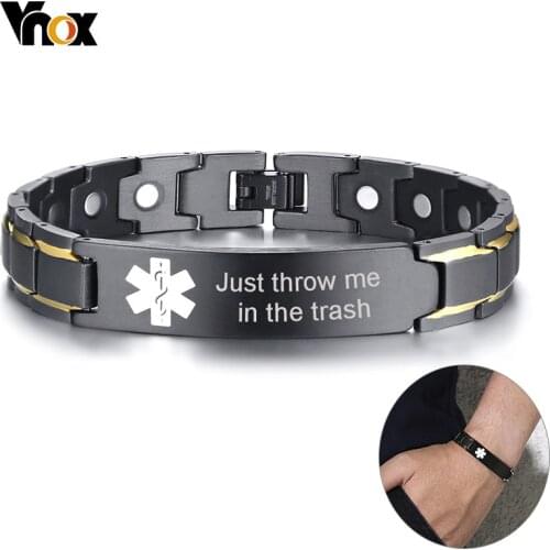 Vnox Men Medical Alert ID Bracelet Black Stainless Steel Pain Relief Emergency Reminder Bangle with tool