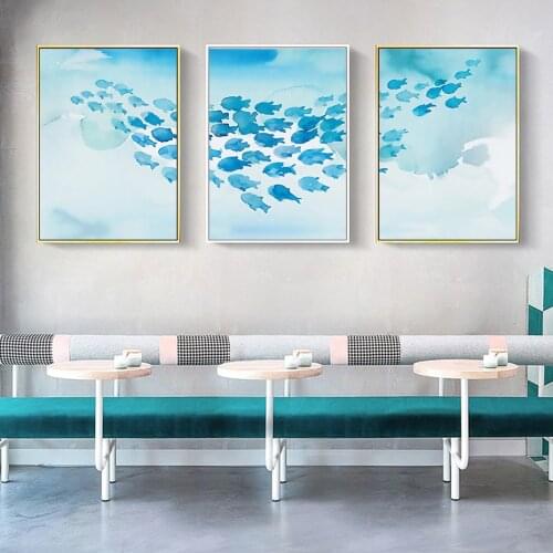 Wall Art Pictures Print Room Decorative For Nursery Children Abstract Poster Cartoon Blue Fish Group Canvas Painting Childlike