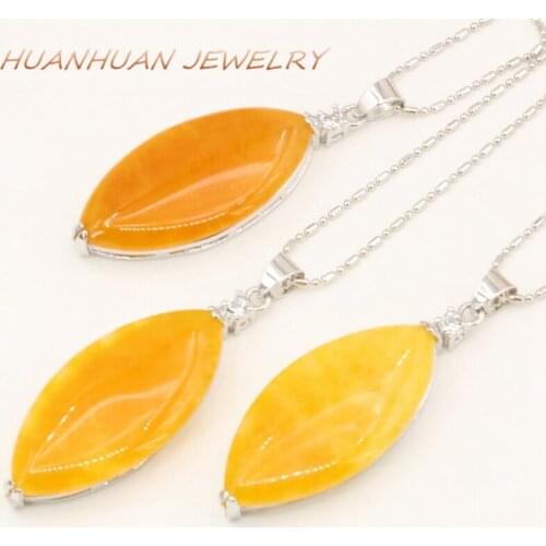 Stainles Steel Chain 18x46mm Yellow Natural Stone Pendant Women Jades Chalcedony Marquise Necklace Pendants Choker Jewelry B3362