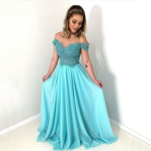 Delicate Boho Blue Evening Dresses Off Shoulder Lace Appliqued Chiffon A Line Women Formal Dress Pageant Customized Evening Gown