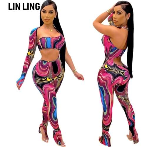 LINLING Sexy Cut Out Navel Striped Print Personalized Pattern Collar Neck Single Sleeve Tight Elastic Fashion Jumpsuit