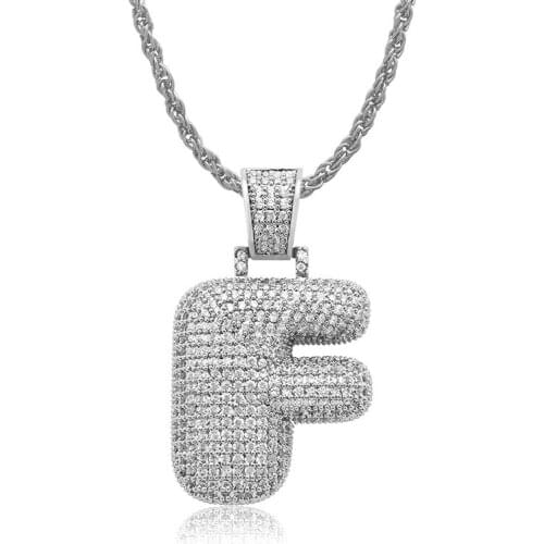 OMYFUN Factory Price Capital F Pendant Silver Color Initial 3A+ CZ Iced Pave Men Bubble Letter Pendant Necklace Hip Hop Jewelry