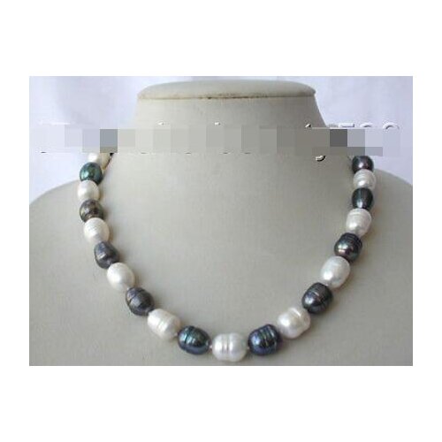 Stunning big 9-10mm baroque white black freshwater cultured pearl necklace s1593