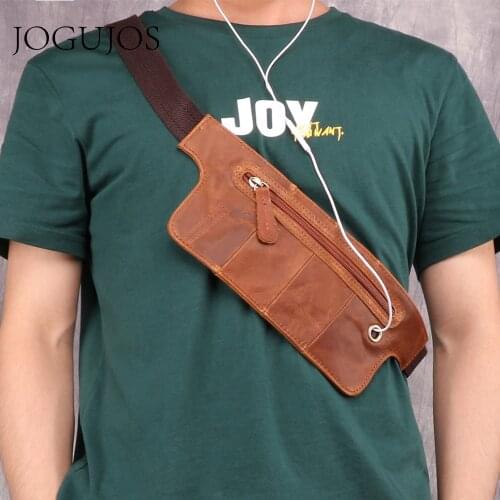 JOGUJOS Genuine Leather Men Waist Packs Travel Men Crossbody Chest Bag Vintage Zipper Fanny Packs Belt Phone Pouch Earphone Hole