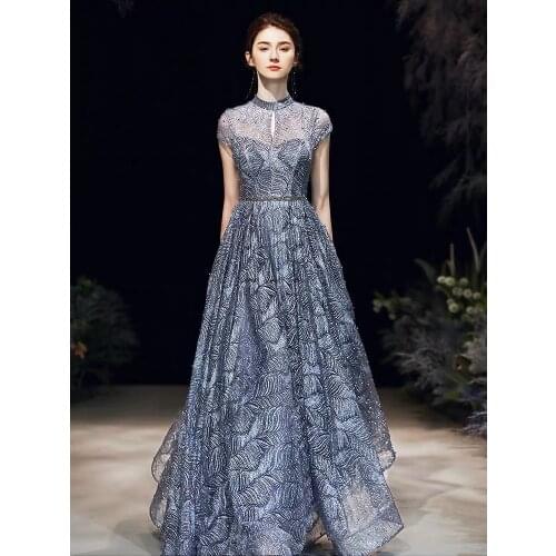 Luxury Blue Evening Dresses A-Line Cap Sleeve Stand-up Collar Shiny Pearls Sequins Celebrity Wedding Guest Bridesmaid Prom Gowns