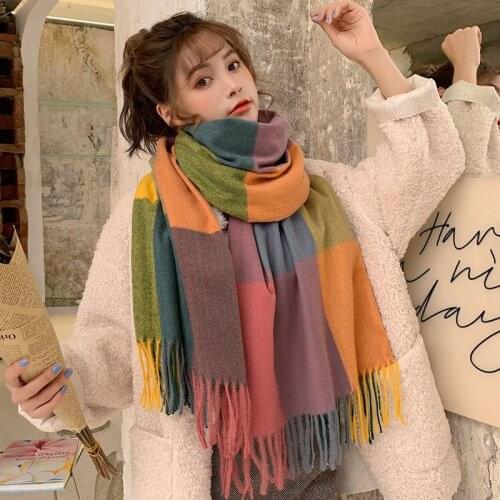 Luxury Brand Women Plaid Cashmere Scarf Thicken Warm Winter Scarves Ladies Big Lattice Shawl Tassel Pashmina Wraps Stoles Hijab