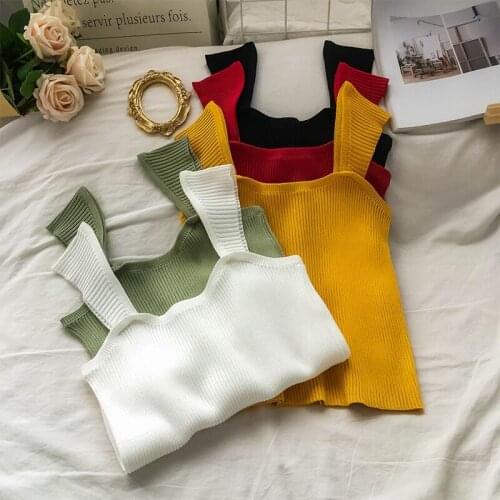 OUMEA Knitting Ribbed Tank Tops Women Summer Ruffle Strap Crop Tank Top Korean Style Sleeveless Skinny Sexy Stretchy Crop Top