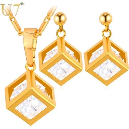 U7 CZ Crystal Earrings And Charm Necklace Set For Women Gold Color Chain Luxury Square Cubic Zirconia Jewelry Sets S1001