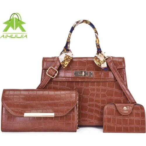 Fashion Stone Pattern Women Shoulder Bags Designer 3-piece Set Pu Leather Handbag 2021 New Luxurious Ribbon Female Messenger Bag