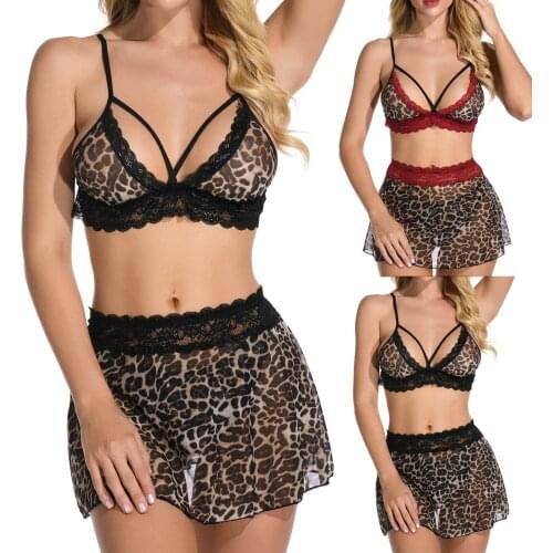 Plus Size Women Lingerie Set Womens Leopard Lace Sexy Bra + Mini Skirt Set Underwear Pajamas Set Sexy Lingerie Erotic Lingerie