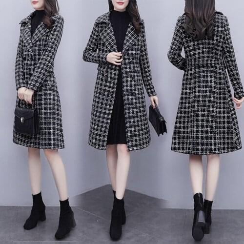 Double Breasted Autumn Womens Clothing 2021 Plus Size Fashion Lapel Long Sleeve Solid Color Plaid Woolen Coat Trend Trench M636