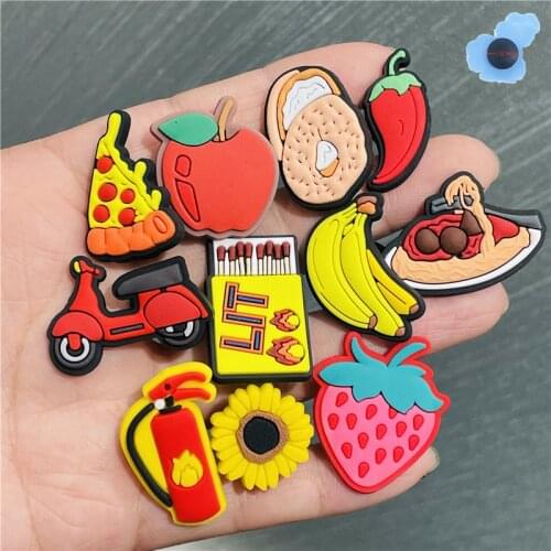 50Pcs Food Pizza Banana Chili Motorcycle PVC Shoe Charms Shoes accessories Diy Backpack Wristbands Croc Jibz Kids Party Gift