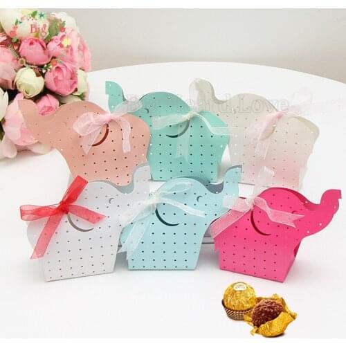 50pcs/lot Pink White Elephant Candy Box with Ribbon Laser Paper Candy Chocolate Box Wedding Favor Baby Shower Party Decoration