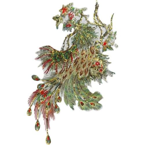 Clothing Accessories Large Peacock Sequins EMB Applique Sew On Patch DIY Embroidered Chinese Style Bling Peacock for Decoration