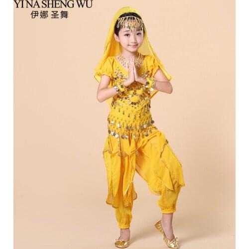 Children Indian Belly Dance Costumes 5pcs Set (Top+Pant+Waist chain+Bracelet+Headdress) Kids Belly Dance Bollywood Clothing H011