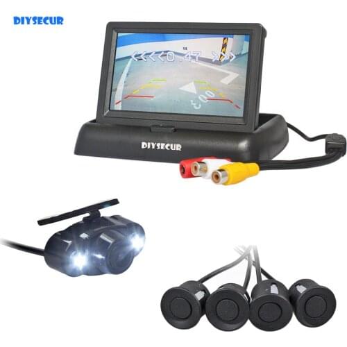 DIYSECUR 4.3" Foldable Rear View Car Monitor Kit + Parking Radar + Rear View Car Camera Video Parking Radar
