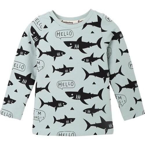 27Kids Autumn Girls T-shrit Boys Long Sleeve Fantastic Shark Top Cotton Fabric Cartoon Patter Spring Sweater Shirt