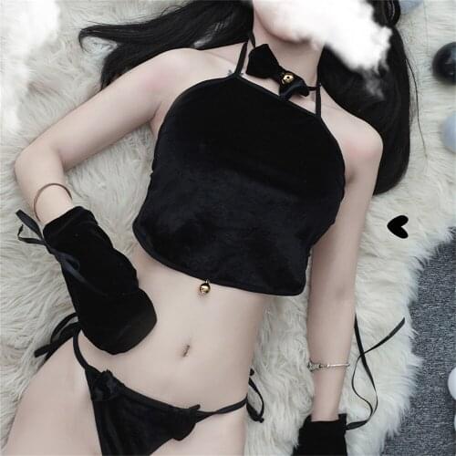 Womens Velvet Sweet Cute Bellyband Cat Girl Sling Uniform Temptation Hot Bow Solid Color High Waist Cosplay Sexy Lingerie Suit