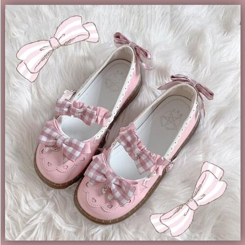 Lolita Japanese cute womens shoes flat round toe lace bowknot shallow mouth kawaii shoes cosplay loli daily single shoes
