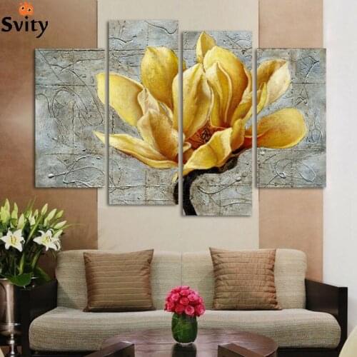 Fashion Unframed Abstract Painting 4 Panels gold Flower Modern Oil Painting On Canvas Wall Art Gift ,Top Home Decoration