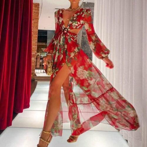 Fashion Women Summer Sexy Backless Deep V-Neck Vintage Boho Long Maxi Evening Party Beach Dress Floral Print Sundress