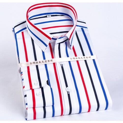 Mens Color Block Striped Wrinkle-Resistant Dress Shirt Long-Sleeve Standard-fit Hidden Button Collar Casual Pure Cotton Shirts