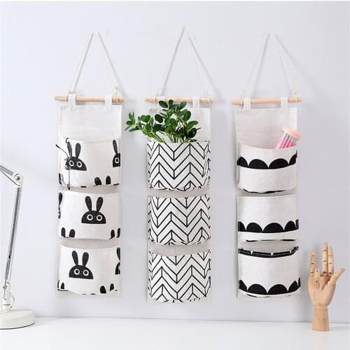 3 Pockets Wall Hanging Storage Bag Door Home Bedroom Hanging Storage Bag Organizer Cotton Linen Closet Hang Sundries Cosmetics