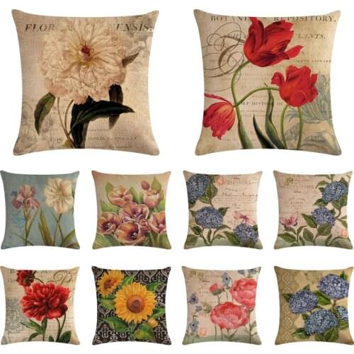 Retro Plants Red Flowers Cushion Covers Hibiscus Flower Cushion Cover Decorative Beige Linen Pillow Case