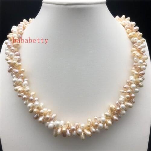 New 3 ROW Natural freshwater pearl 6-7 mm irregular shaped baroque White pink purpl peael necklace