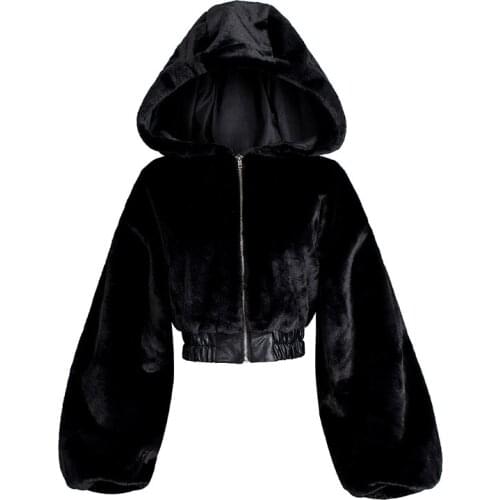 Autumn Winter Faux Rabbit Fur Bomber Teddy Coat Zipper Streetwear High Waist Furry Hooded Plush Jacket Cardigan Fleece Parkas