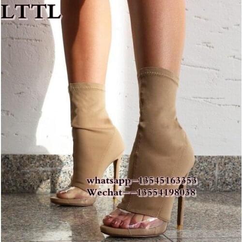 Fall Knitted Stretch Peep toe Ankle Boots green booties comfortable Transparent suede boots women sexy open toe shoes Women