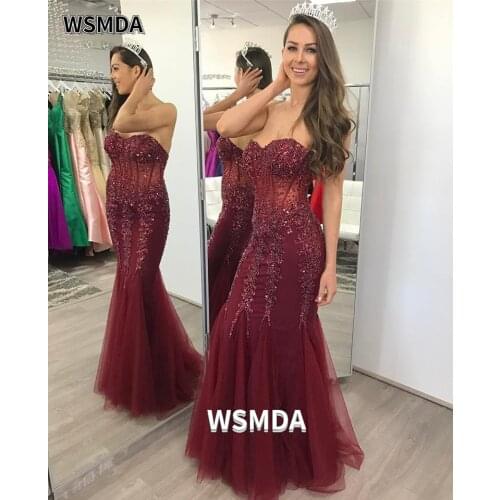 Burgundy Sweetheart Sleeveless Zipper Mermaid Prom Dress Shiny Rhinestones Beads Tulle Organza Mermaid Party Gown Luxury Dress