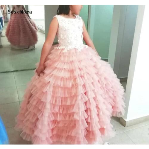 Customized Flower Girl Dress Lace Handmade Flowers Children Kids Party Clothes Girls Birthday Dresses Kids Size 2 4 6 8 10 12 14