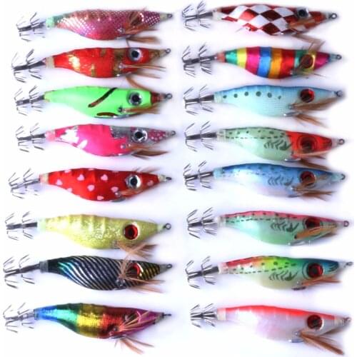 Fake Squid Jig Hook 15Pcs Wood Shrimp Fishing Lure Umbrella Hook Mix Color Big Eye Artificial Jigging 10cm 8.5g Random Color