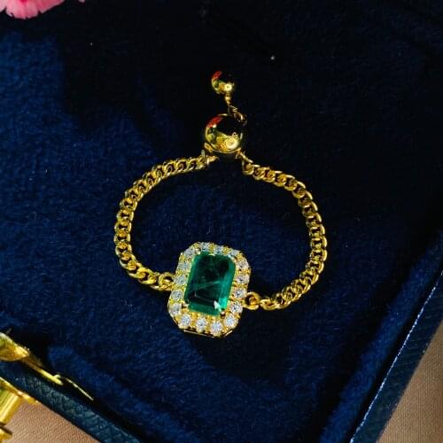 Luxury 100% 925 Opening Adjustable Emerald Creative Chain Ring For Women Wedding Party Fine Jewelry Wholesale