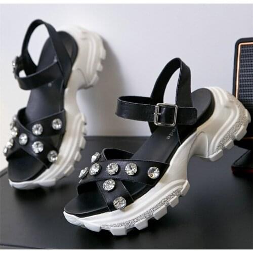 Women Genuine Leather Wedges High Heel Roman Gladiator Sandals Female Open Toe Platform Pumps Shoes Casual Shoes Rhinestone Shoe