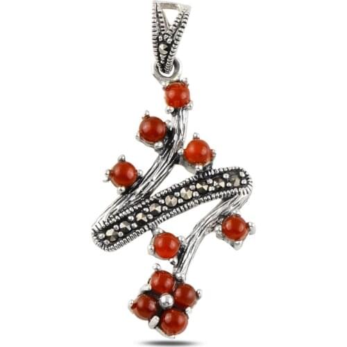 Silver 925 Sterling Red Agate & Marcasite Pendant