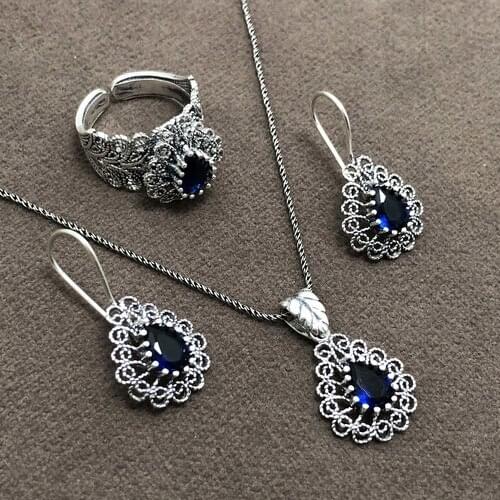 Silver Sapphire Stone Oxidized Filigree Women Silver Triple Set