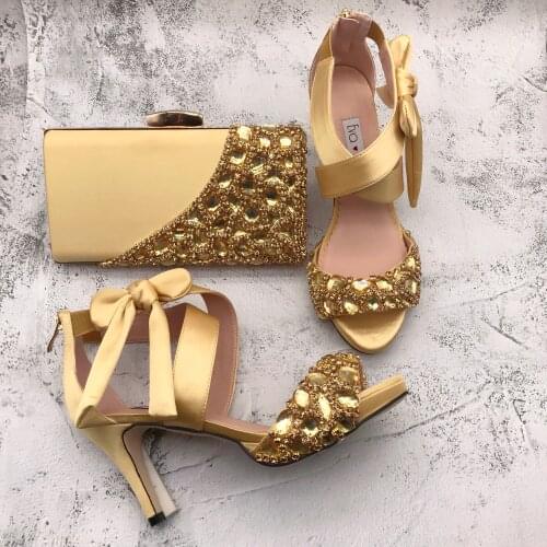 BS1115 DHL Custom Made Gold Bow Rhinestone Shoes with Matching Bag Bridal Wedding Shoes Women High Heel Sandals