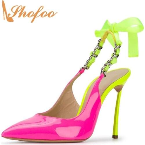 Pink Neon Yellow Nude Stilettos Slingbacks Pumps Woman Pointed Toe High Thin Heels Lace Up Large Size 11 16 Fashion Mature Party